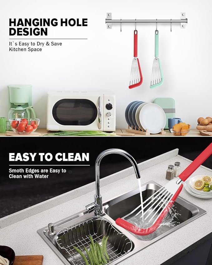 Silicone Fish Spatula Turner Set of 2, Thin Slotted Spatulas Turner for Nonstick Cookware,Heat Resistant Flexible Stainless Steel Kitchen Cooking Spatula Flipper for Fish, Egg, Pancake (RGN)