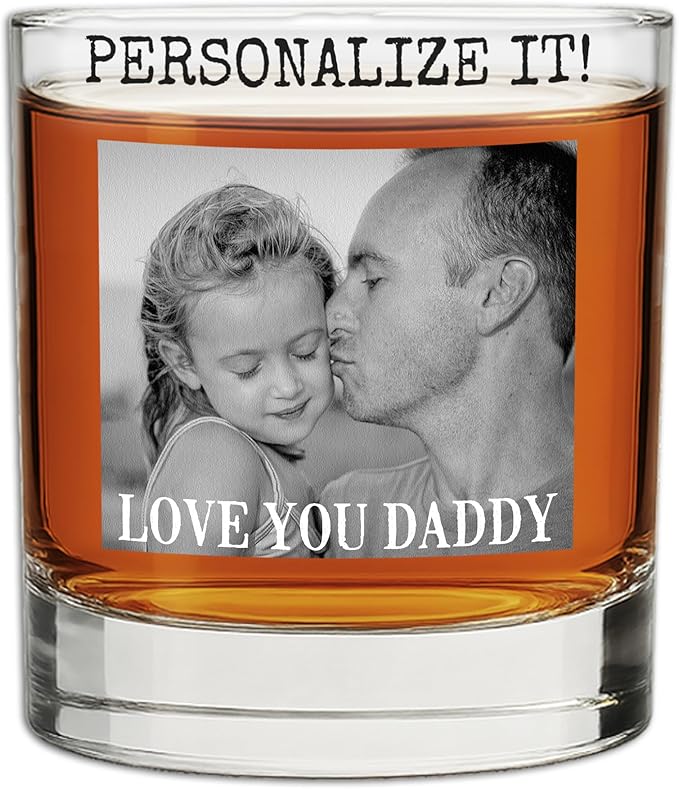 Personalized Fathers Day Printed Photo 11oz Whiskey Glass - Custom Dad Gifts, Bourbon Gifts for Men, Customized Father Picture, Boyfriend, Husband, Birthday, Groomsmen