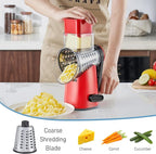 VEKAYA Cheese Grater, Cheese Grater Hand Crank, 4 Interchangeable Blades Cheese Shredder, Vegetable Slicer, Non-slip Suction Base, Easy to Clean Rotary Grater with Handle (Red)
