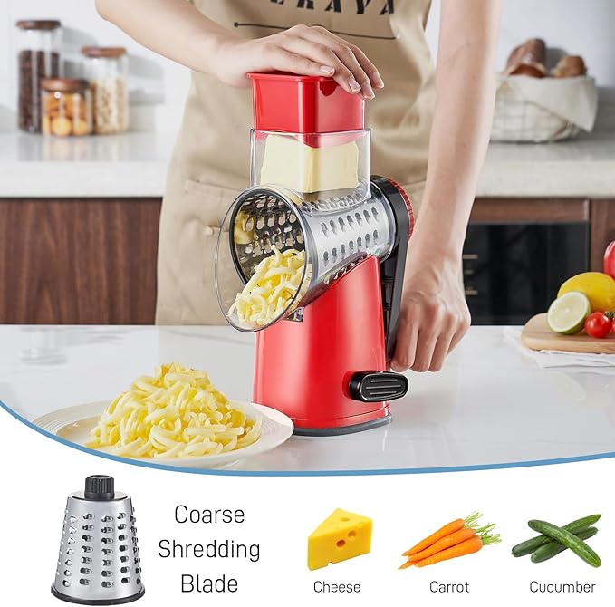VEKAYA Cheese Grater, Cheese Grater Hand Crank, 4 Interchangeable Blades Cheese Shredder, Vegetable Slicer, Non-slip Suction Base, Easy to Clean Rotary Grater with Handle (Red)