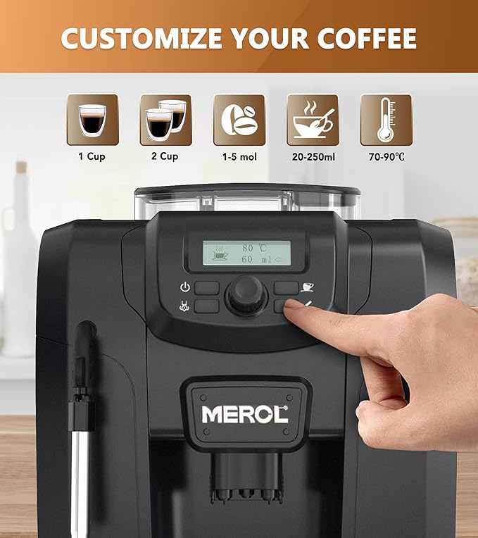 MEROL Fully Automatic Espresso Coffee Machine, 19 Bar Cafe Maker Built-in Adjustable Grinder and Manual Milk Frother Steam Wand, for Cappuccino Latte Macchiato, for Coffee Lover, ME-715, Black
