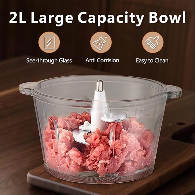 Electric Food Processor, 450W Meat Grinder Vegetable Chopper with 8cup/2L Glass Bowl, Electric Meat Chopper Veggie Cutter with 2 Speeds＆4 Blades, Kitchen Blender Mixer for Baby Food Puree,Garlic,Onion