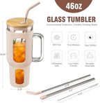 Glass Tumbler with Lid and Straw, 46 oz Iced Coffee Cup with Handle, Large Water Bottles with Silicone Sleeve, Glass Cup with Straws - Pearl Straw & Drinking Straw BPA Free-Amber