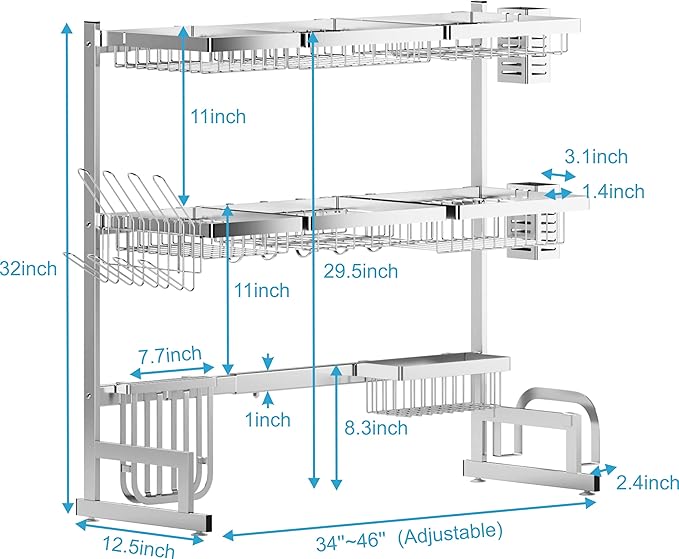 PUSDON Over Sink Dish Drying Rack Stainless Steel, Adjustable Large Dish Drainer for Storage Kitchen Organization Silver 3 Tier - Standard(34"-46")