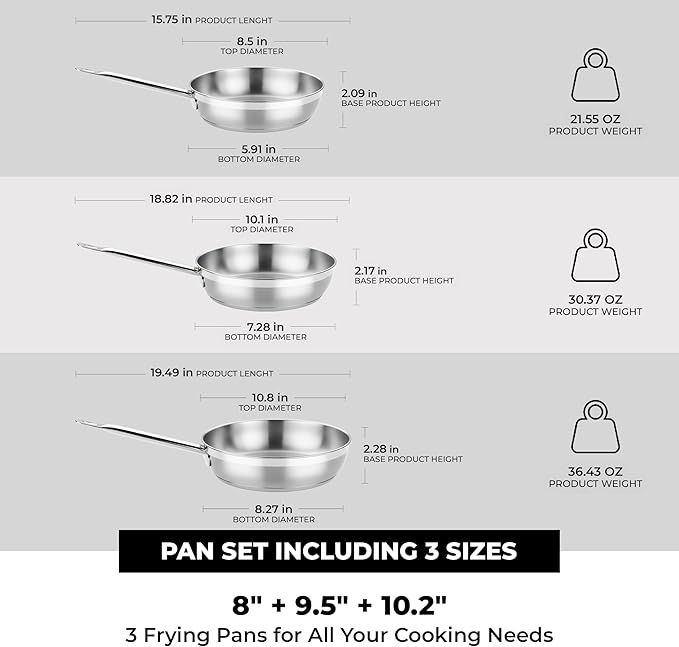 BRA COOKWARE Profesional 3 Frying Pan Set | 8 + 9.5 + 10.2 inches Professional Skillet | Stainless Steel Pan w/o Non-Stick | All Stovetop Compatible Skillet | 100% FOA Free | Brushed Finish