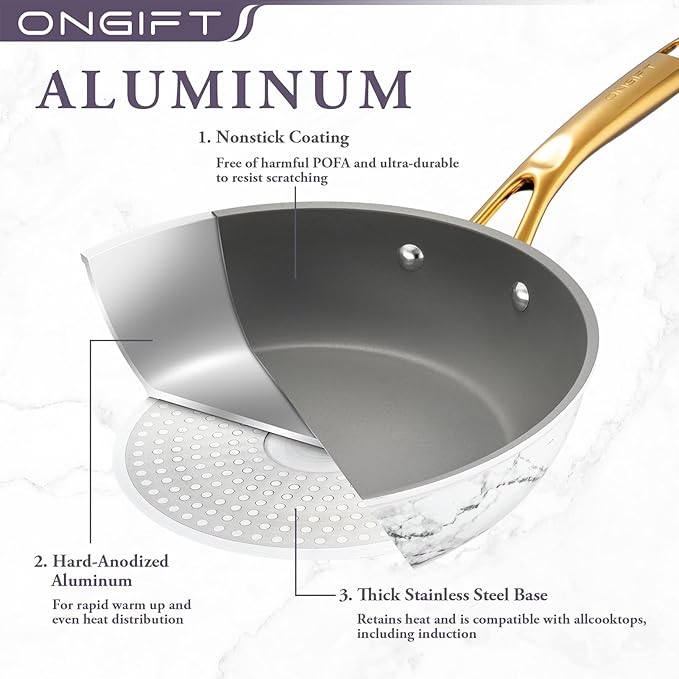 16Pcs Nonstick Cookware Sets, Kitchen Pots and Pans Set Non Stick for Cooking, Non Toxic Induction Cookware, Oven & Dishwasher Safe, Mable White