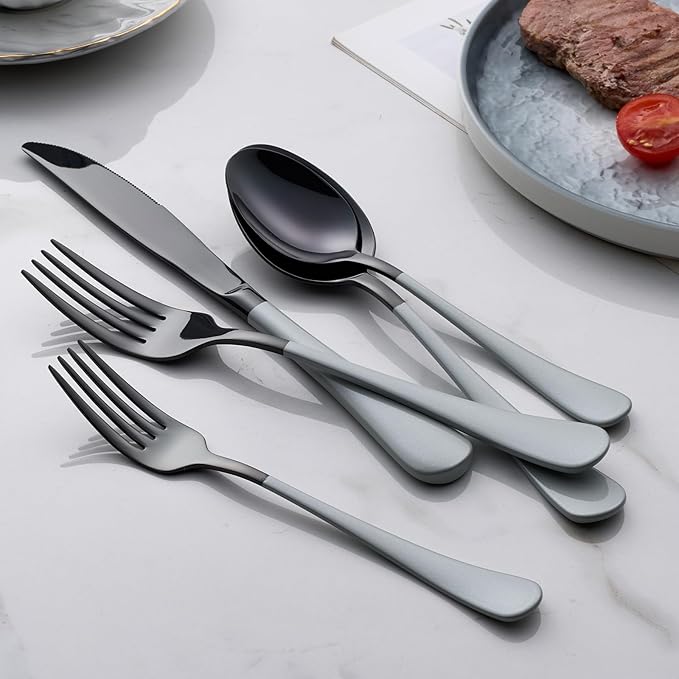 20-Piece Black Silverware Set 18/0 Stainless Steel Flatware Gray Handle Cutlery Set Service for 4 Dinner Knives Forks Spoons Set Mirror Finish Dishwasher Safe