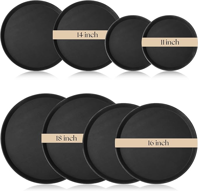Zopeal 8 Pieces Black Round Restaurant Serving Tray, Plastic Non Slip Surface Food Meals Server Tray with Raised Edges for Home, Kitchen, Restaurant, Cafeteria, Bar (11",14",16",18")