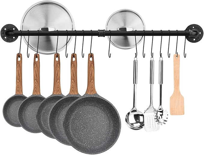 Toplife 39.4 inch Pot Rack, Kitchen Wall Mounted Detachable Pan Lid Utensils Organizer Hanging Rail with 16 Hooks, Black