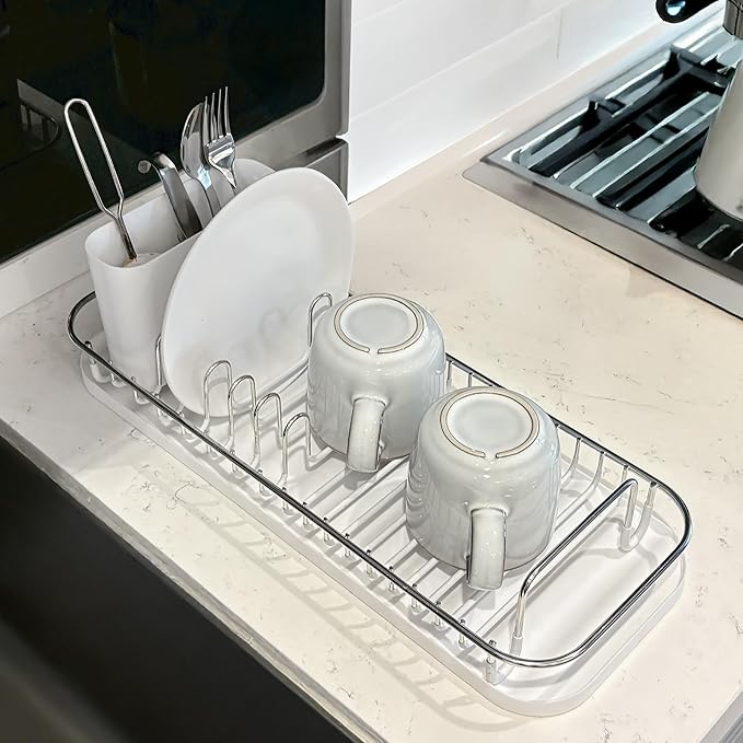 SunnyPoint 304 Stainless Steel NeverRust Compact Dish Drying Rack with Utensil Holder & Removable Drain Tray, Rustproof Small Dish Rack for Kitchen Countertop or Over Sink (Metallic Silver, Compact)