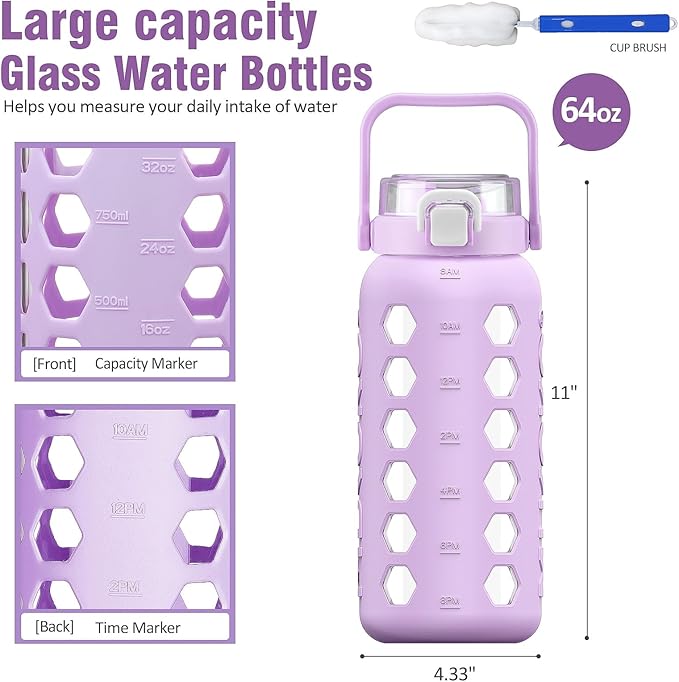 MUKOKO Half Gallon/64 oz Glass Water Bottles with Straw and Lid,Motivational Water Jug with Time Marker Reminder and Silicone Sleeve,100% Leakproof BPA Free Fitness Sports Large Bottle-Purple