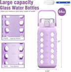 MUKOKO Half Gallon/64 oz Glass Water Bottles with Straw and Lid,Motivational Water Jug with Time Marker Reminder and Silicone Sleeve,100% Leakproof BPA Free Fitness Sports Large Bottle-Purple