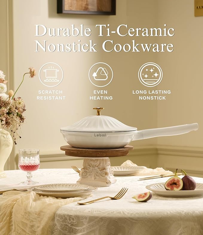 Nonstick Ceramic Cookware Set (7 Piece)–Titanium Cast Aluminum Pots and Pans Set with Lids, Non Toxic PFAS-Free Compatible with All Stovetops–Pearl White