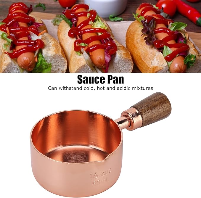 Mini Sauce Pan, Stainless Steel Butter Warmer with Pour Spout and Wooden Handle Rose Gold Melting Pot for Making Sauces, Chocolate Melting, Coffee Tea Soup Warming(1/4cup)