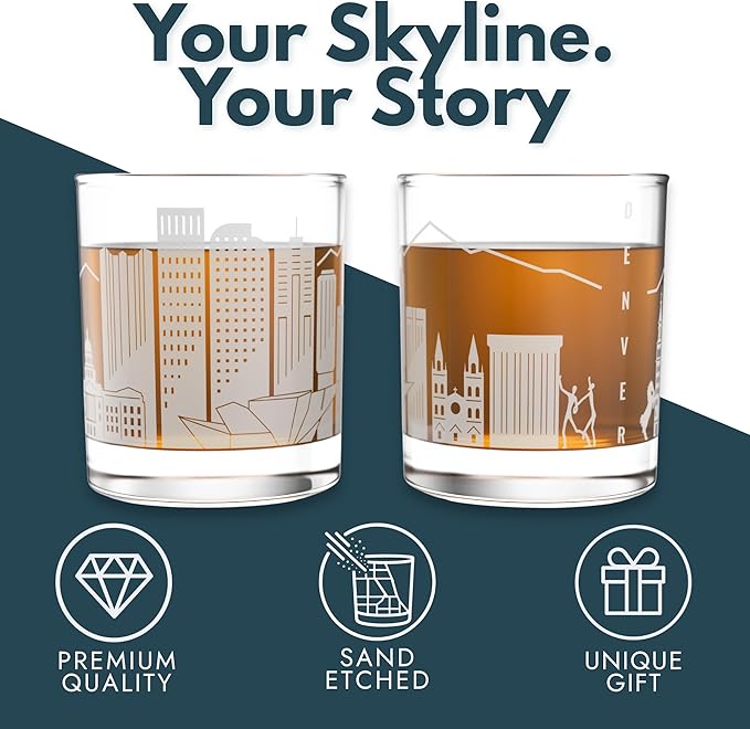 Greenline Goods – Denver, CO Skyline Whiskey Glasses (Set of 2), 10 oz – Rocks/Old Fashioned Tumblers