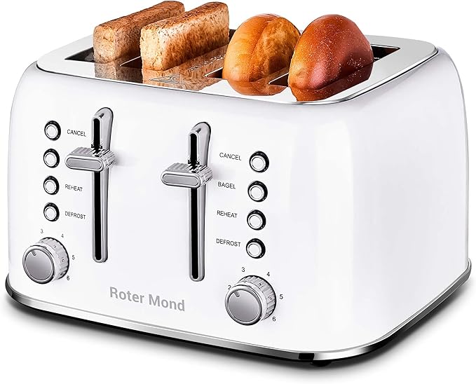 Roter Mond Toaster 4 Slice Retro Stainless Steel with Extra Wide Slots Bagel, Defrost, Reheat Function, Dual Independent Control Panel, Removable Crumb Tray, 6 Browning Levels, White