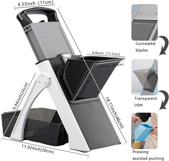 Upgrade Safe Mandoline Slicer for Kitchen, Adjustable Vegetable Chopper, Potato Slicer, French Fry Cutter, Mandoline Slicer for Kitchen (black and white)