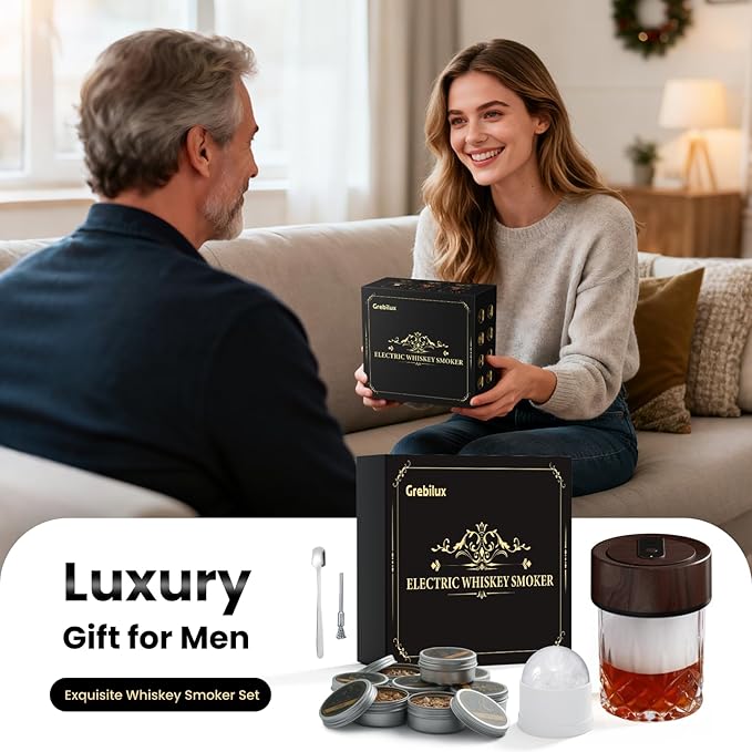 Vintage Electric Whiskey Smoker Kit with 8 Wood Chip Flavors – Rechargeable Whiskey Smoker with Built-in Ignition, Fuel-Free – For Men, Dad, Husband on Special Occasions – Wood Grain Design