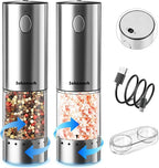 Electric Salt and Pepper Grinder Set Rechargeable, Auto One-handed Operation Pepper Mill with LED Light, EXT. Coarseness Adjustment, 2-Speed Control, Stainless Steel Salt Shakers (2 Pack)
