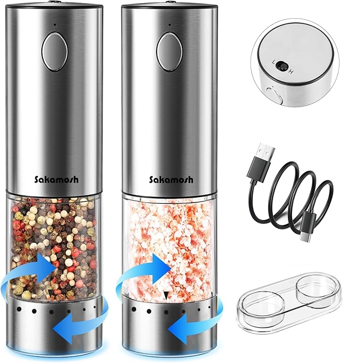 Electric Salt and Pepper Grinder Set Rechargeable, Auto One-handed Operation Pepper Mill with LED Light, EXT. Coarseness Adjustment, 2-Speed Control, Stainless Steel Salt Shakers (2 Pack)