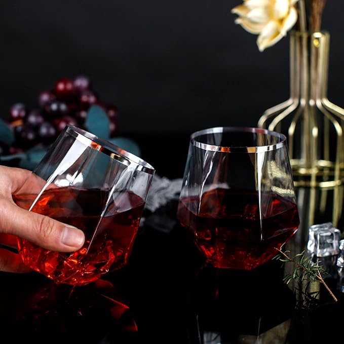 LUODA 32 Pack Silver Plastic Wine Glasses,12 Oz Disposable Whiskey Glasses, Silver Stemless Diamond Shaped Wine Glasses For Serving Wine, Cocktail, Whiskey