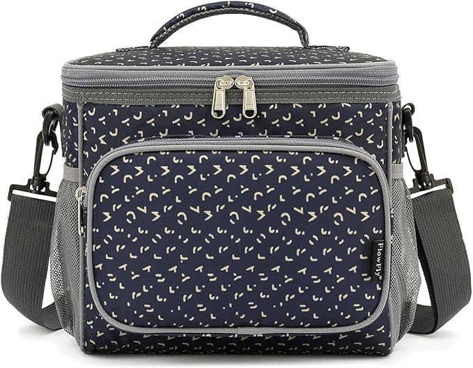 FlowFly Insulated Reusable Lunch Bag Adult Large Lunch Box for Women and Men with Adjustable Shoulder Strap,Front Zipper Pocket and Dual Large Mesh Side Pockets,Alphabet