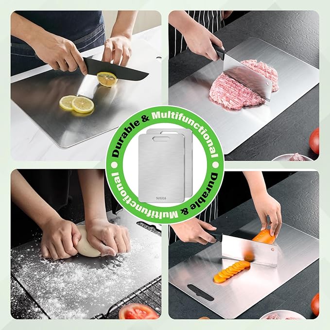 Stainless Steel Cutting Board, 3 PCS Double Sided Cutting Boards for Kitchen, SUS 316 Food-Grade Non Toxic Stainless Steel Chopping Board for Meat, Fruit and Vegetable
