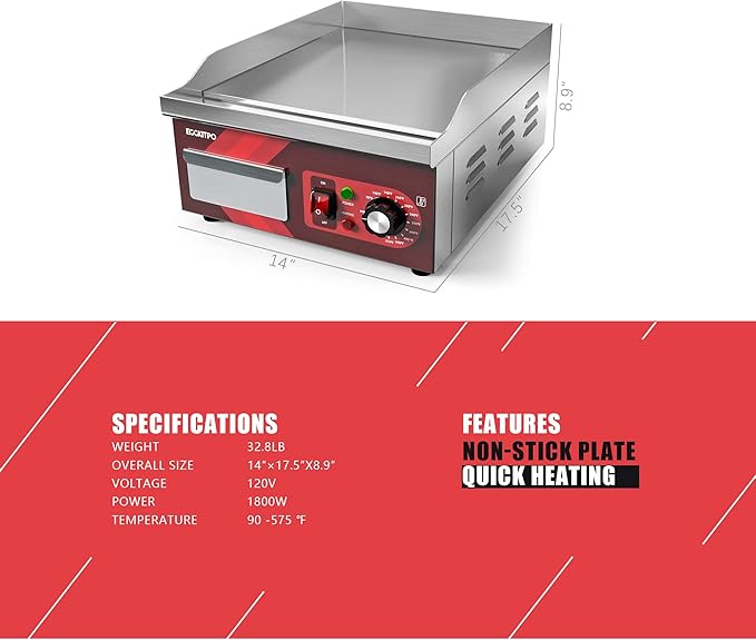 14 Inch Electric Griddle, Non-Stick Flat Top Grill Commercial Electric Countertop Griddles Stainless Steel Adjustable Temperature Control 90℉-575℉ for Home or Restaurant Use