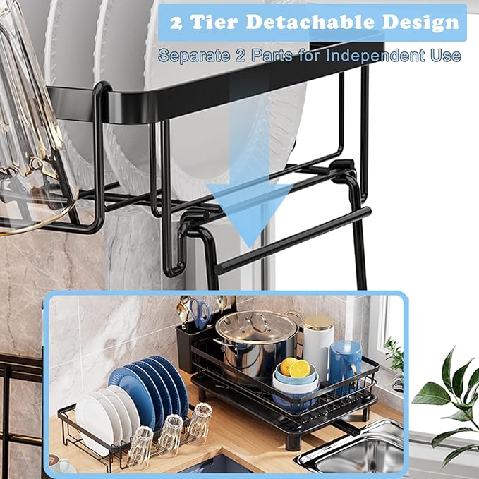 2-Tier Dish Drying Rack with Drainboard, Rustproof Stainless Steel Dish Rack for Kitchen Counter, Large Capacity Dish Drainer with Cup Holder, Utensil Holder, and Plate Organizer for Home Kitchens