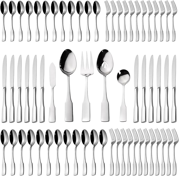 Alata Kate 65-Piece Silverware With Utensil-Serving Set, Service for 12, Stainless Steel Flatware, Mirror Polished Cutlery, Dishwasher Safe