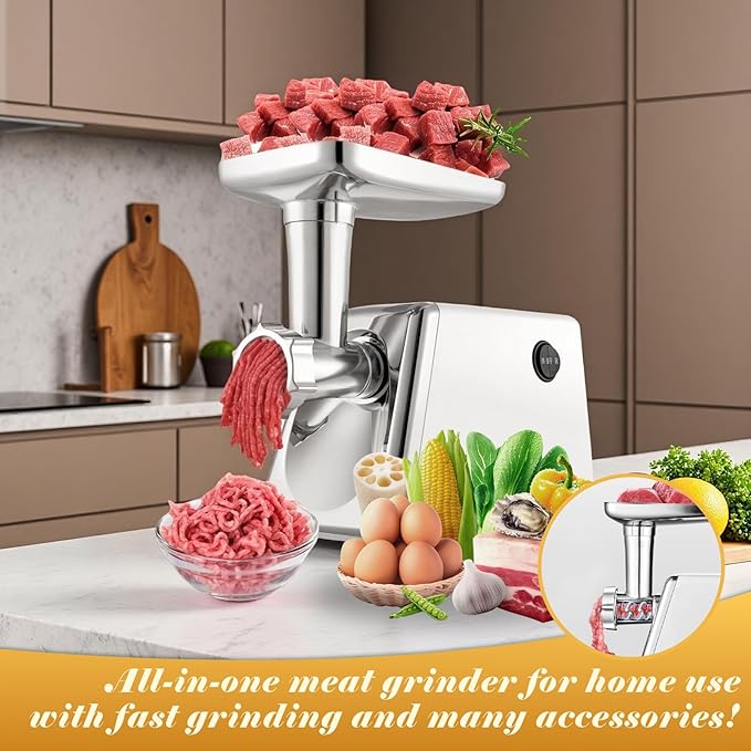 Electric Meat Grinder, Multifunctional Stainless Steel Meat Grinders, 3-Second Fast Meat Grinding with 5 Grinding Plates, 2 Stainless Steel Cutting Blades, 1 Sausage Maker and Kubbe Kit for Kitchen