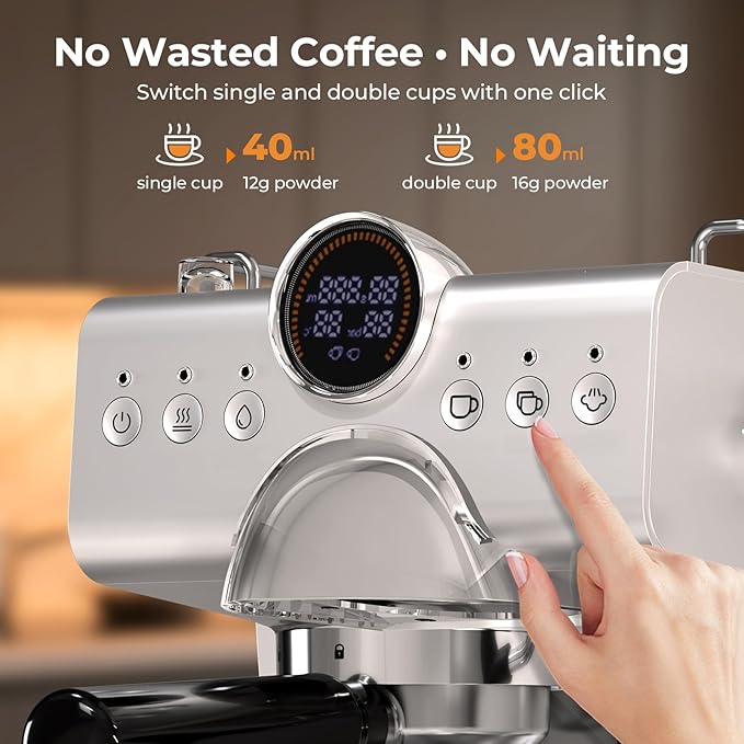 20 Bar Espresso Machine,Compact Stainless Steel Cold Brew & Hot Coffee Machine with Steam Wand,LED Display,50 oz Removable Water Tank,Cappuccino Machine for Home,Semi-Automatic,Silver
