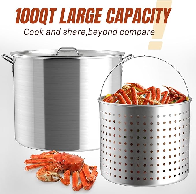 100QT Crawfish Boiler Kit, Waterproof Cover & 18-inch Skimmer, 110,000BTU Propane Burner Stove, 0-20PSIG Regulator, Aluminum Seafood Boil Pot, Crab Boil Pot with Basket