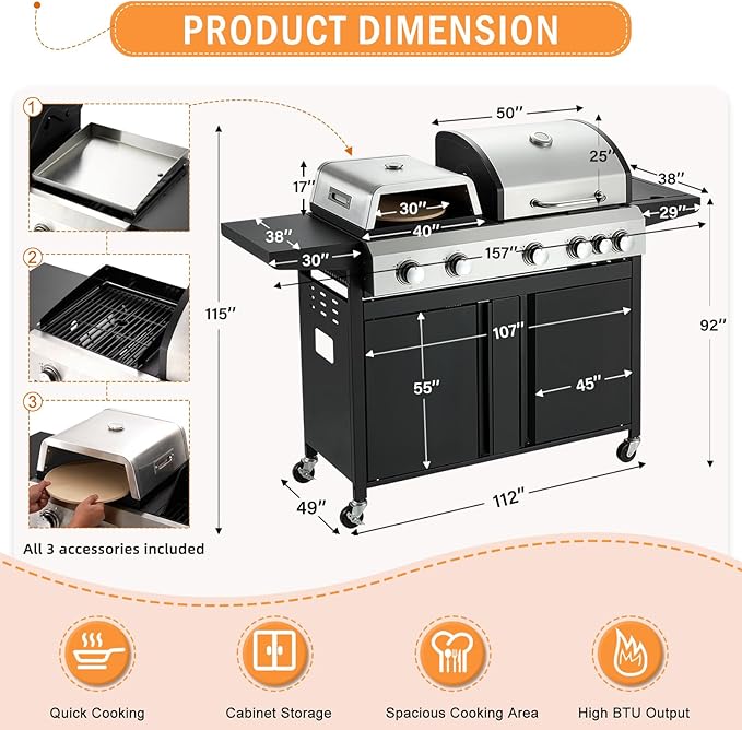 MELLCOM 3 IN 1 Pizza Griddle Grill Combo, 74,000 BTU 5 Burner Stainless Steel Propane Gas Grill with Side Burner,Pizza Oven, Griddle and Porcelain Enameled Cast Iron Grates for Outdoor Patio Backyard
