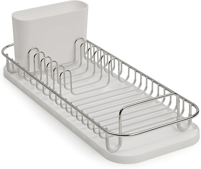 SunnyPoint 304 Stainless Steel NeverRust Compact Dish Drying Rack with Utensil Holder & Removable Drain Tray, Rustproof Small Dish Rack for Kitchen Countertop or Over Sink (Metallic Silver, Compact)