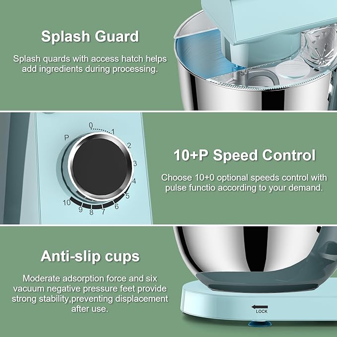 HOWORK Stand Mixer,10+p Speeds With 5.5QT Stainless Steel Bowl,Dough Hook, Wire Whip & Beater,for Most Home Cooks,Blue