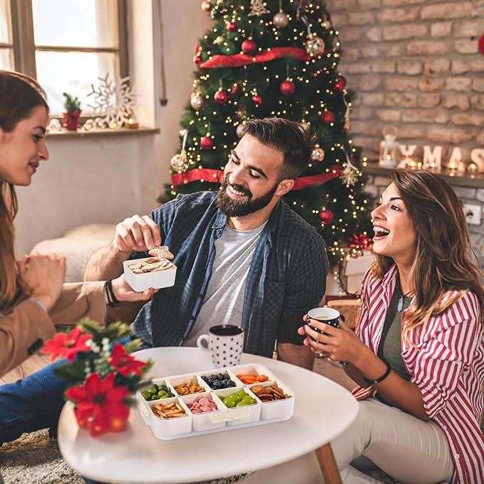 LUXEAR Divided Serving Tray with Lid and Handle 2Pack Snack Box Charcuterie Container Dishwasher Safe 8 Compartment Snack Platters Portable Organizer for Fruits, Candy, Snacks, Picnic, Party&Travel