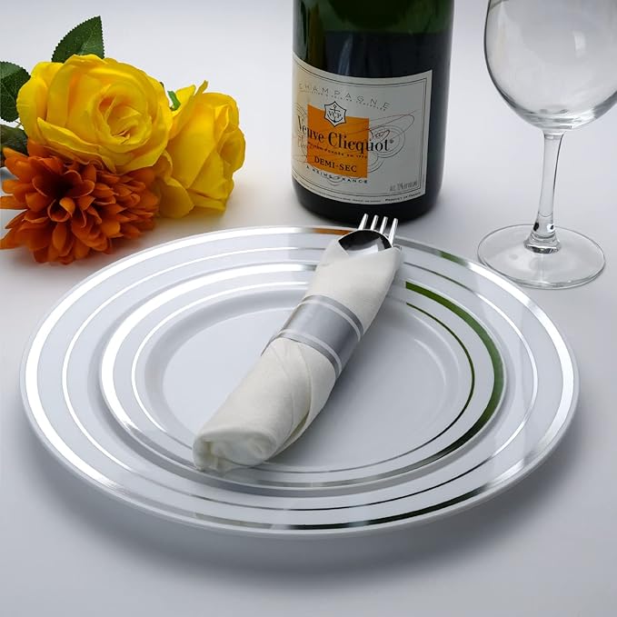 Pre Wrapped Cutlery Set- 25 sets of Fork, Knife, Spoon wrapped in a napkin - 25 Small Plates- 25 Big Plates (Silver)