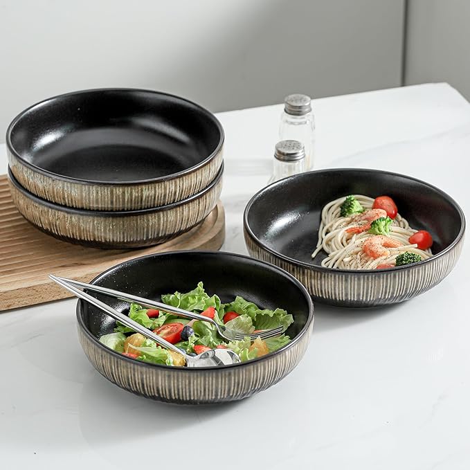 KOOV Ceramic Bowl, 46 OZ Pasta Bowls Set of 4, Large Salad Bowl Set, Large Bowl For Eating, Dinner Bowls, Stackable Serving Bowls, Stripe Series (Rough Black)