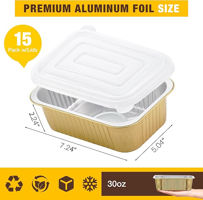Aluminum Foil Pan with Lids,Heavy Duty Aluminum Pan, Disposable Aluminum Pans,Gold Foil Pans, Deep Container for Heating, Baking, Cooking,BBQs,Parties,Storing,Catering(31.4oz 15 Pack w/Lids)