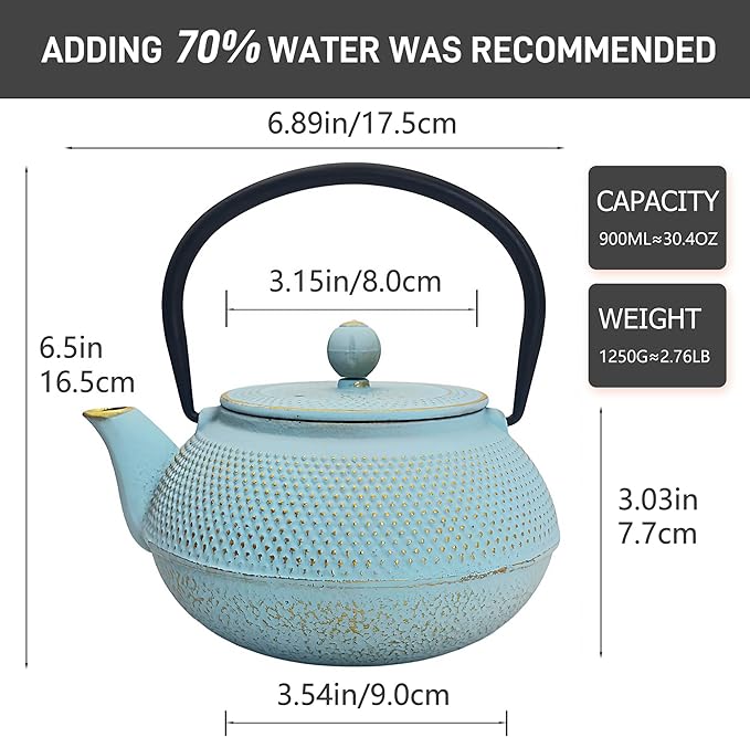 30.4oz Small Cast Iron Teapot, Tea Kettle for Stovetop Safe Coated with Enameled Interior, Japanese Tetsubin, Tea Pot with Stainless Steel Infuser for Loose Tea(900ml)