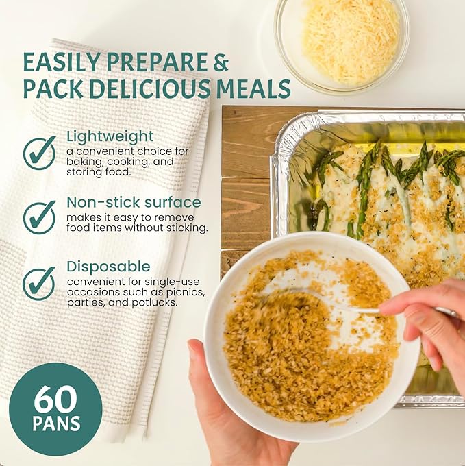 FUNSTITUTION Aluminum Foil Pans 9x13 & 8x8 (60 Pack) - Tin Foil Pans with High Heat Conductivity - Disposable Aluminum Tray Cookware For Baking, Grilling, Cooking, Storing, Prepping