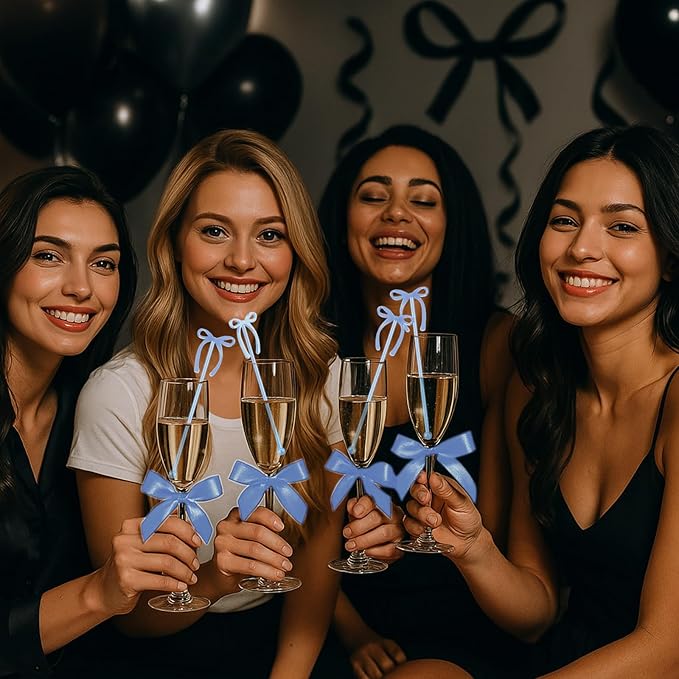 30 Pcs 6 Inch Bow Drink Stirrers, Bow Stir Sticks Coffee Stirrers Reusable Plastic Swizzle Sticks for Wedding Birthday Bridal Cocktail Decorations Supplies(Blue)