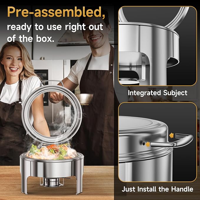 Chafing Dishes for Buffet, 6QT Round Stainless Steel Chafing Dish with Transparent Hydraulic Lid, 304 Food Pan, Buffet Warmer for Parties and Events (Silver)