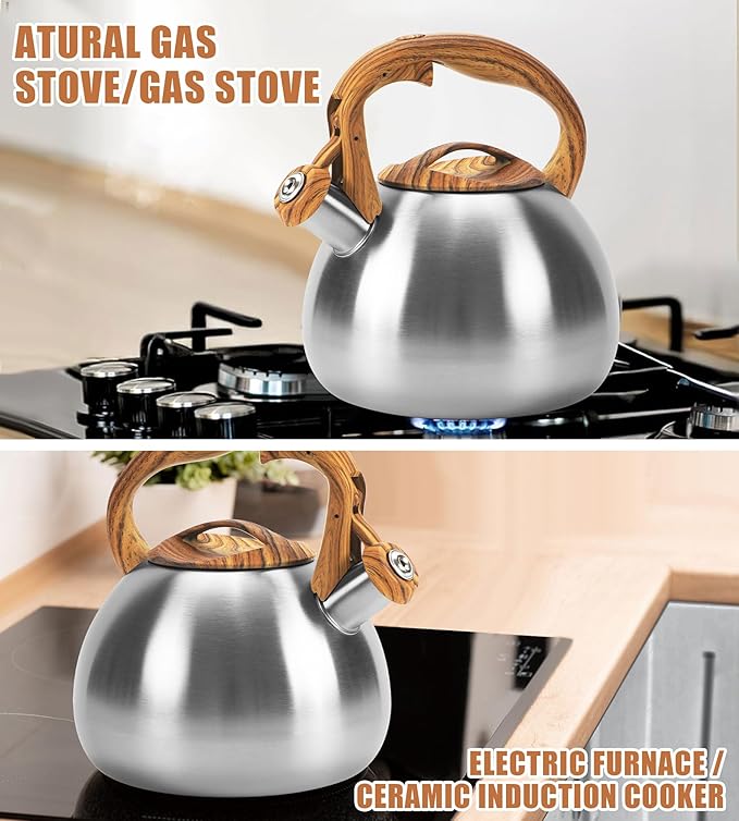 Classic Stainless Steel Whistling Kettle 3.2 Quart - Brushed Metal Finish with Wooden Handle, Stovetop Water Boiler for Home & Kitchen, Loud Alert Whistle & Drip-Free Spout (Silver)