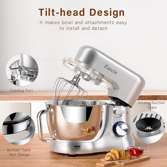 Stand Mixer, Zuccie 4.8QT Kitchen Electric Stand Mixer, 380W Motor Power Food Mixer, 8+P-Speed Dough Mixer with Dough Hook, Wire Whip & Beater, Silver