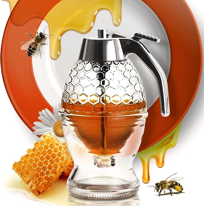 Glass Honey Dispenser – No Drips, No Trails Honey Container 8 Oz with Stand – Easy to Clean Honey Pot – Honey Jar with Dipper – Maple Syrup Dispenser – Syrup Holder with Honeycomb Design