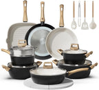 24 Pcs Pots and Pans Set Non Stick Ceramic Cookware Set with 3 Stockpots, White Interior Black Exterior, Healthy Non-Toxic, Large Capacity, Induction Compatible, PFAS/PTFE/PFOA Free