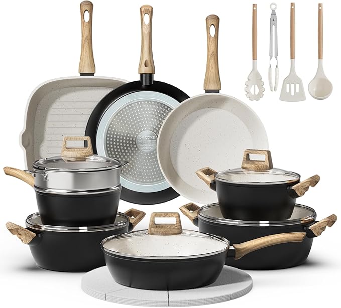 24 Pcs Pots and Pans Set Non Stick Ceramic Cookware Set with 3 Stockpots, White Interior Black Exterior, Healthy Non-Toxic, Large Capacity, Induction Compatible, PFAS/PTFE/PFOA Free