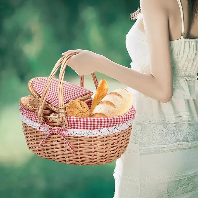 Natural Rattan Picnic Basket for 4 Adults - Portable Wicker Hamper with Removable Red & White Gingham Lining, Foldable Handles & Lockable Lid, Detachable Cushioned Tote (15"x11"x7" Outdoor Essentials)